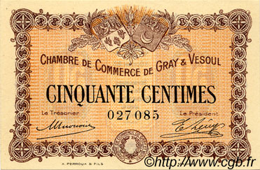 50 Centimes FRANCE regionalismo e varie Gray et Vesoul 1915 JP.062.01 AU a FDC