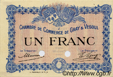 1 Franc Spécimen FRANCE regionalism and miscellaneous Gray et Vesoul 1915 JP.062.04 VF - XF