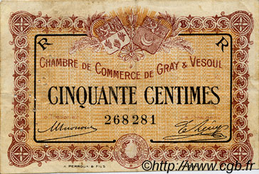 50 Centimes FRANCE régionalisme et divers Gray et Vesoul 1915 JP.062.07 TB