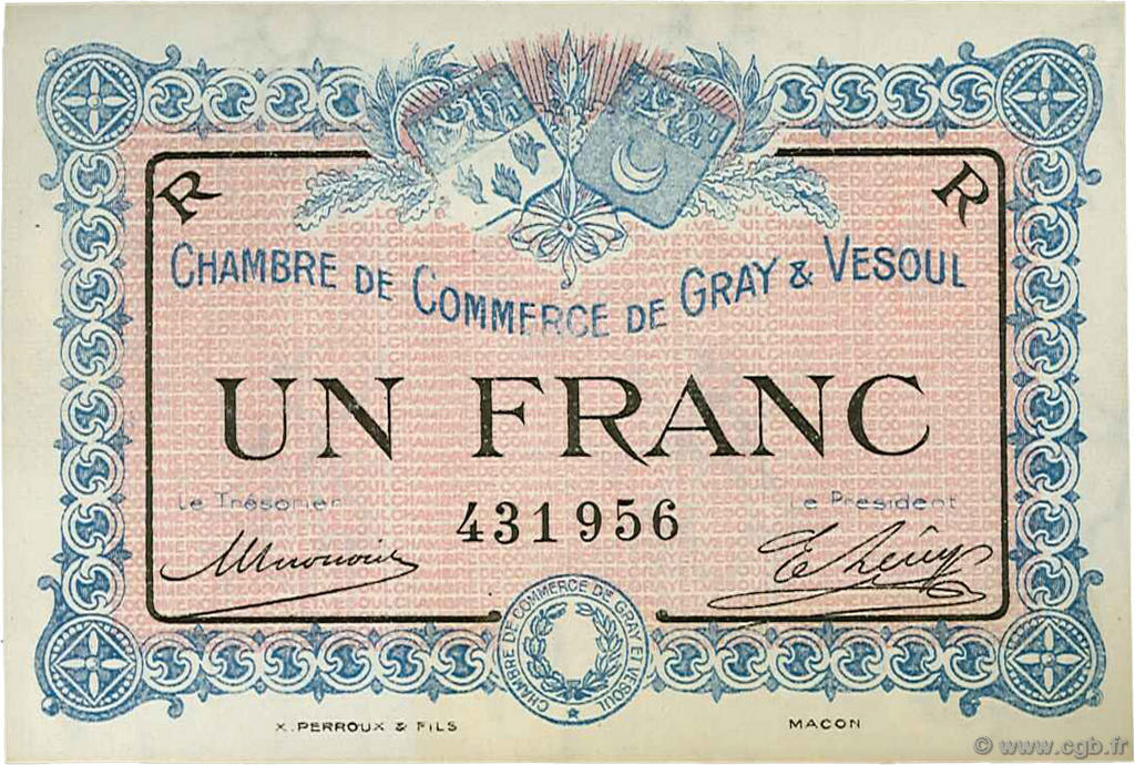 1 Franc FRANCE regionalismo y varios Gray et Vesoul 1915 JP.062.09 SC a FDC