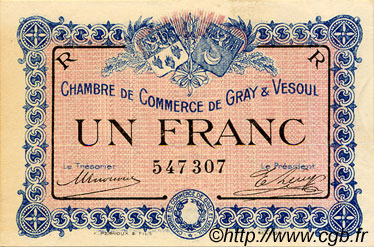 1 Franc FRANCE regionalism and miscellaneous Gray et Vesoul 1915 JP.062.09 VF - XF