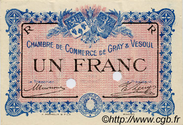 1 Franc Spécimen FRANCE Regionalismus und verschiedenen Gray et Vesoul 1915 JP.062.10 fST to ST
