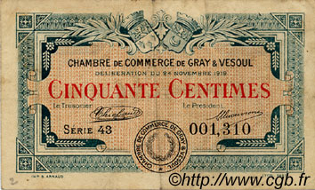 50 Centimes  FRANCE régionalisme et divers Gray et Vesoul 1919 JP.062.11 TB