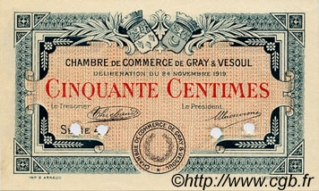 50 Centimes Spécimen FRANCE regionalism and miscellaneous Gray et Vesoul 1919 JP.062.12 VF - XF