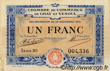 1 Franc FRANCE Regionalismus und verschiedenen Gray et Vesoul 1919 JP.062.13 S