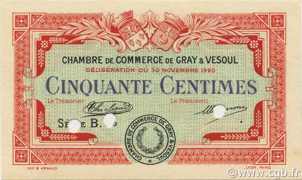 50 Centimes Spécimen FRANCE regionalism and miscellaneous Gray et Vesoul 1920 JP.062.16 AU+