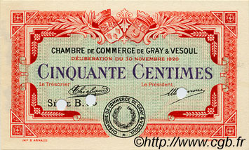 50 Centimes Spécimen FRANCE regionalism and miscellaneous Gray et Vesoul 1920 JP.062.16 VF - XF