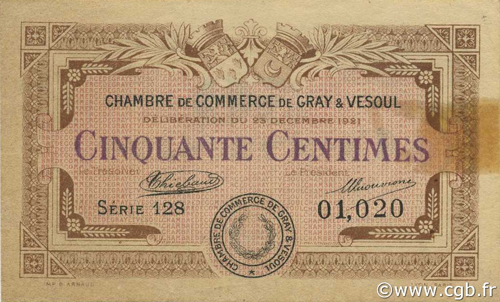 50 Centimes FRANCE Regionalismus und verschiedenen Gray et Vesoul 1921 JP.062.19 SS to VZ