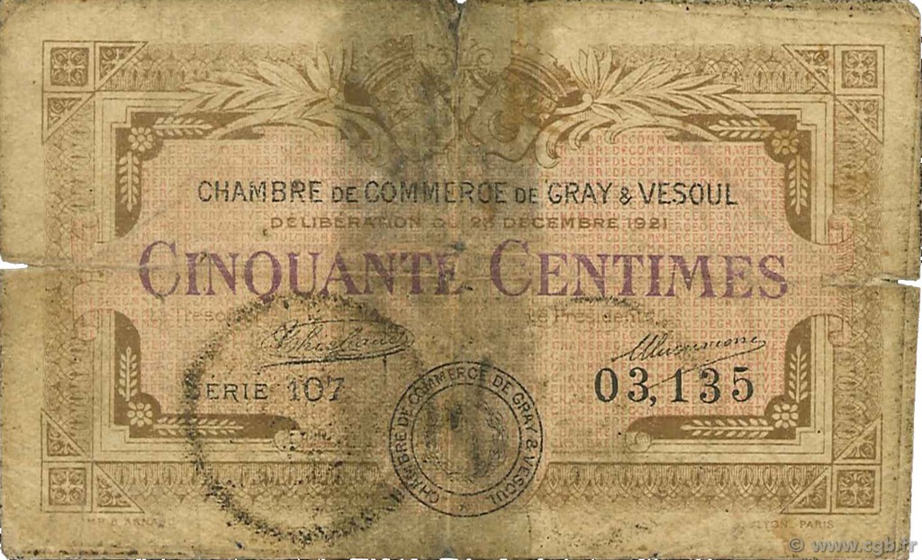 50 Centimes FRANCE regionalism and various Gray et Vesoul 1921 JP.062.19 F