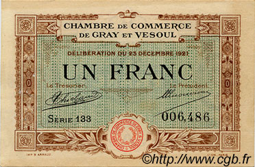 1 Franc FRANCE regionalismo e varie Gray et Vesoul 1921 JP.062.21 BB to SPL