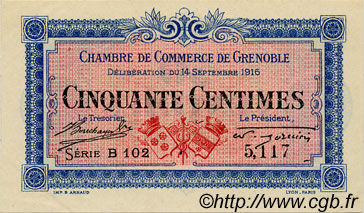 50 Centimes FRANCE regionalism and various Grenoble 1916 JP.063.01 AU+
