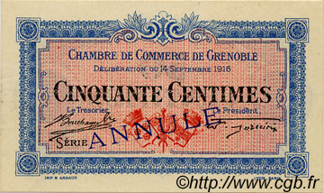 50 Centimes Annulé FRANCE regionalism and miscellaneous Grenoble 1916 JP.063.02 AU+