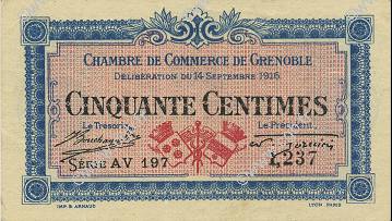 50 Centimes FRANCE regionalism and miscellaneous Grenoble 1916 JP.063.05 AU+