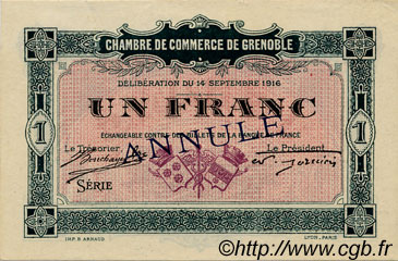 1 Franc Annulé FRANCE regionalismo e varie Grenoble 1916 JP.063.07 BB to SPL