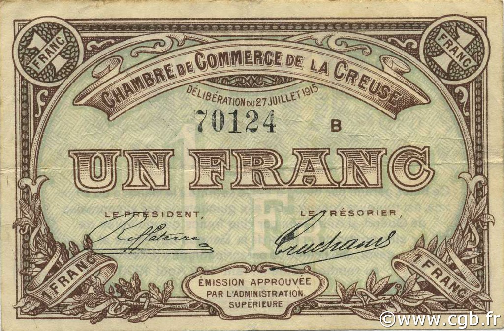 1 Franc FRANCE regionalismo y varios Guéret 1915 JP.064.03 MBC a EBC