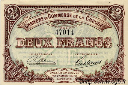 2 Francs FRANCE regionalismo e varie Guéret 1915 JP.064.05 AU a FDC