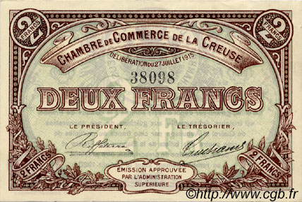 2 Francs Spécimen FRANCE regionalism and various Guéret 1915 JP.064.06 AU+