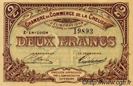 2 Francs FRANCE regionalismo y varios Guéret 1920 JP.064.11 SC a FDC