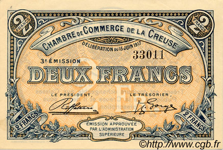 2 Francs FRANCE Regionalismus und verschiedenen Guéret 1917 JP.064.15 fST to ST