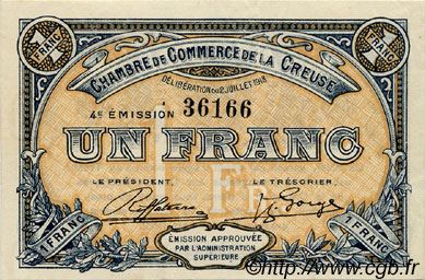 1 Franc FRANCE regionalism and various Guéret 1918 JP.064.17 AU+