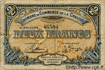 2 Francs FRANCE Regionalismus und verschiedenen Guéret 1918 JP.064.18 S