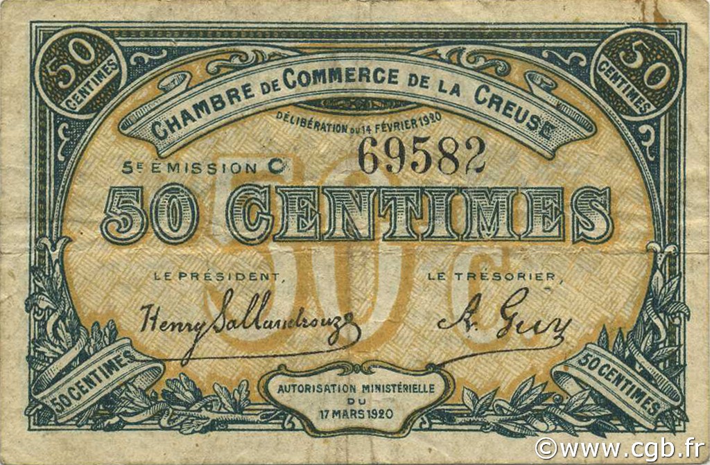 50 Centimes FRANCE régionalisme et divers Guéret 1920 JP.064.19 TB