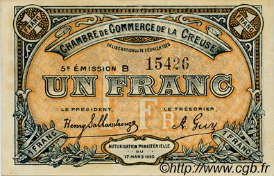 1 Franc FRANCE Regionalismus und verschiedenen Guéret 1920 JP.064.20 fST to ST