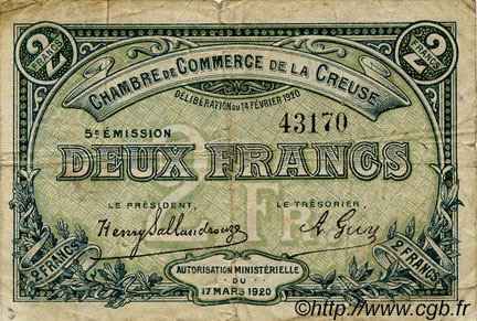 2 Francs FRANCE Regionalismus und verschiedenen Guéret 1920 JP.064.21 S
