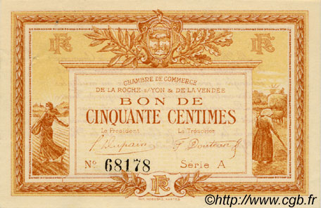 50 Centimes FRANCE regionalism and various La Roche-Sur-Yon 1915 JP.065.01 VF - XF