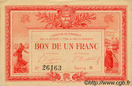 1 Franc FRANCE régionalisme et divers La Roche-Sur-Yon 1915 JP.065.05 TTB à SUP