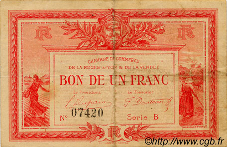 1 Franc FRANCE Regionalismus und verschiedenen La Roche-Sur-Yon 1915 JP.065.05 S