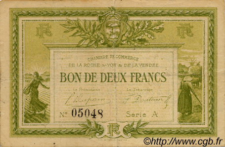 2 Francs FRANCE Regionalismus und verschiedenen La Roche-Sur-Yon 1915 JP.065.10 S