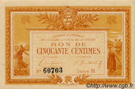 50 Centimes FRANCE regionalism and various La Roche-Sur-Yon 1915 JP.065.14 AU+