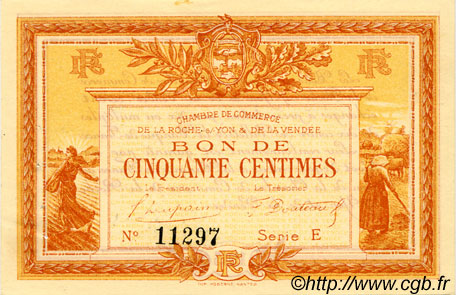 50 Centimes FRANCE regionalism and various La Roche-Sur-Yon 1915 JP.065.14 VF - XF
