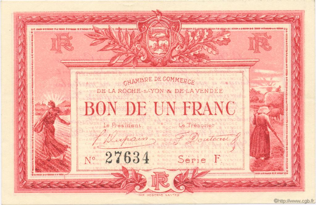 1 Franc FRANCE regionalism and various La Roche-Sur-Yon 1915 JP.065.17 AU+