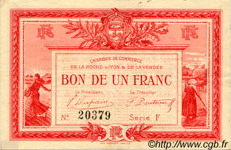 1 Franc FRANCE régionalisme et divers La Roche-Sur-Yon 1915 JP.065.17 TTB à SUP
