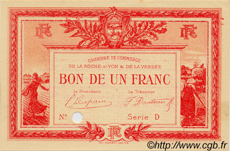 1 Franc Spécimen FRANCE regionalismo y varios La Roche-Sur-Yon 1915 JP.065.18 SC a FDC
