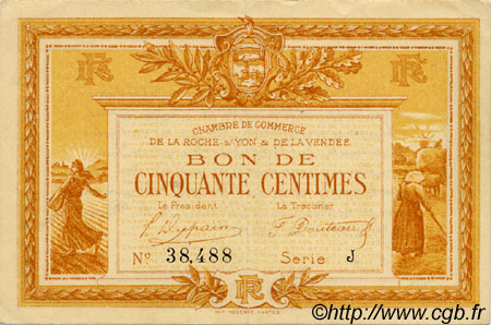 50 Centimes FRANCE regionalism and various La Roche-Sur-Yon 1915 JP.065.23 VF - XF