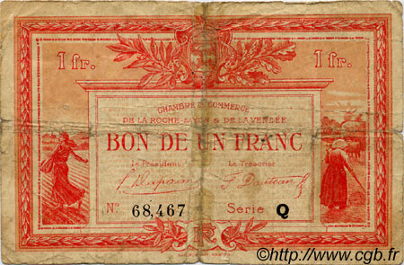 1 Franc FRANCE regionalism and various La Roche-Sur-Yon 1922 JP.065.33 F