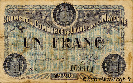 1 Franc FRANCE Regionalismus und verschiedenen Laval 1920 JP.067.02 S
