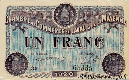 1 Franc FRANCE regionalism and miscellaneous Laval 1920 JP.067.05 AU+