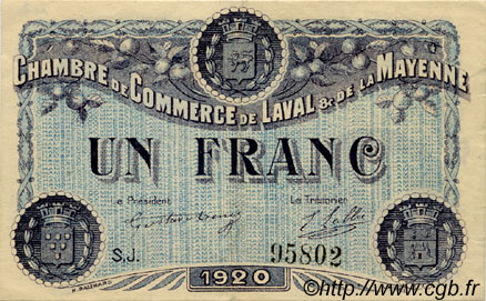 1 Franc FRANCE regionalismo e varie Laval 1920 JP.067.05 BB to SPL