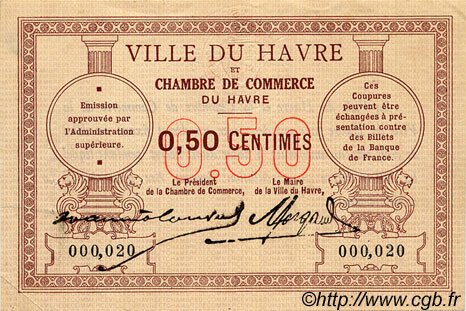 50 Centimes FRANCE regionalismo y varios Le Havre 1918 JP.068.01 MBC a EBC