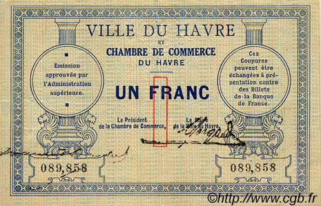 1 Franc  FRANCE régionalisme et divers Le Havre 1914 JP.068.04 TTB à SUP