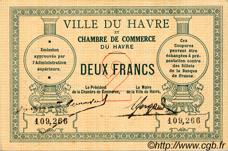 2 Francs FRANCE Regionalismus und verschiedenen Le Havre 1914 JP.068.07 SS to VZ