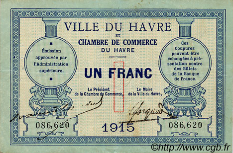 1 Franc FRANCE regionalismo y varios Le Havre 1915 JP.068.10 MBC a EBC