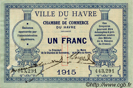 1 Franc FRANCE régionalisme et divers Le Havre 1915 JP.068.10 TB