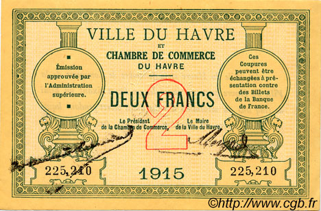 2 Francs FRANCE Regionalismus und verschiedenen Le Havre 1915 JP.068.12 SS to VZ