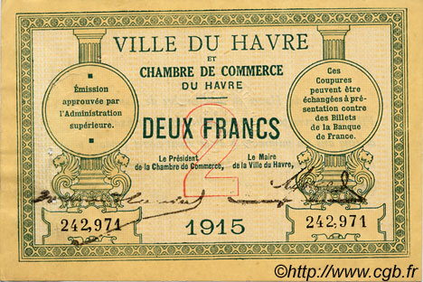 2 Francs FRANCE Regionalismus und verschiedenen Le Havre 1915 JP.068.12 S