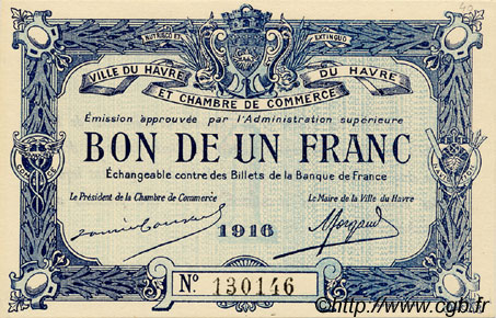 1 Franc FRANCE regionalismo e varie Le Havre 1916 JP.068.15 AU a FDC